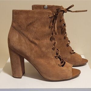 Sam Edelman "Yvie" Cognac Suede Lace Up Zip Block Heel Booties sz.8/38 MSRP $175